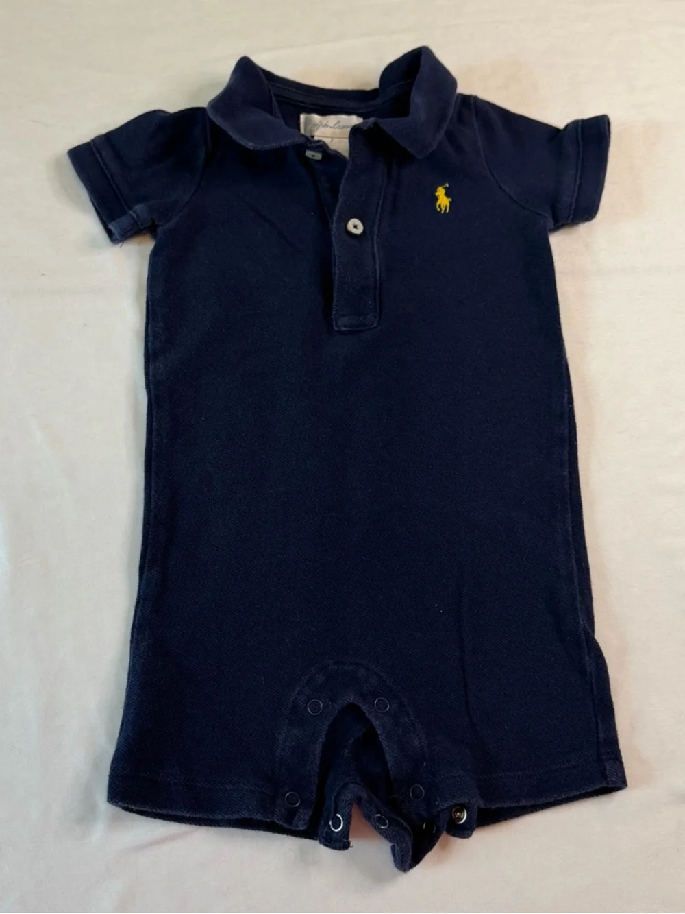 Ralph Lauren Baby Boys 6M Navy Polo Romper Shortall Yellow Pony Cotton